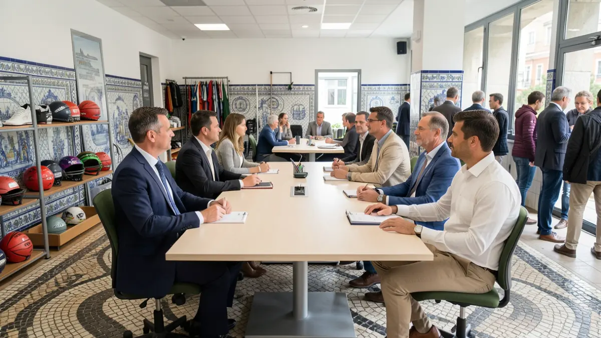Generic image of a modern sports facility with two delegations in a meeting.