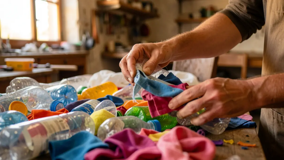 Hands sorting discarded materials for creative reuse in a social inclusion project in Matosinhos.
