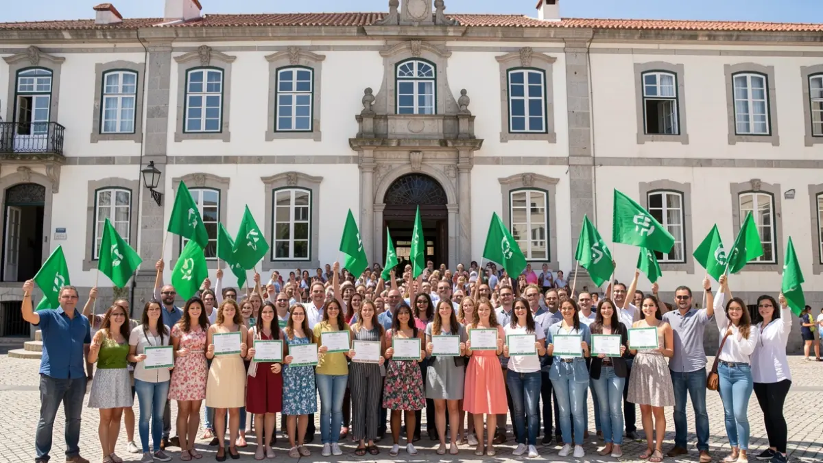 Generic image of students and teachers receiving green awards in front of a municipal building.
