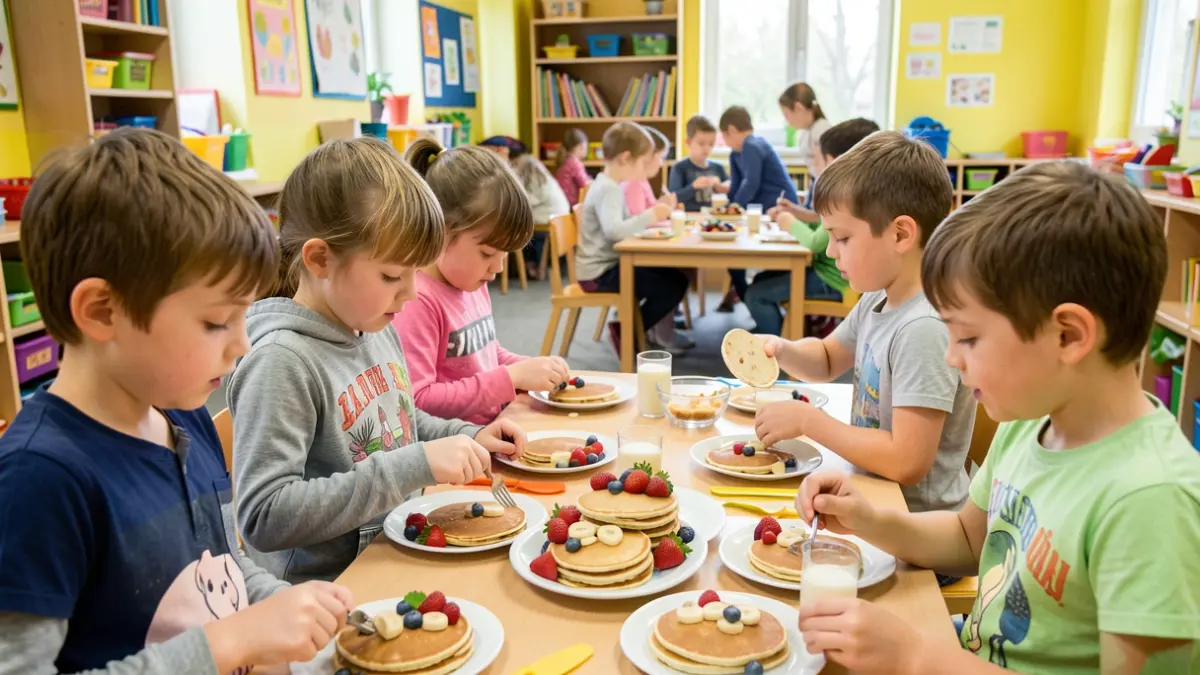 Imagem genérica de crianças a preparar panquecas de banana com fruta e leite numa sala de aula colorida.