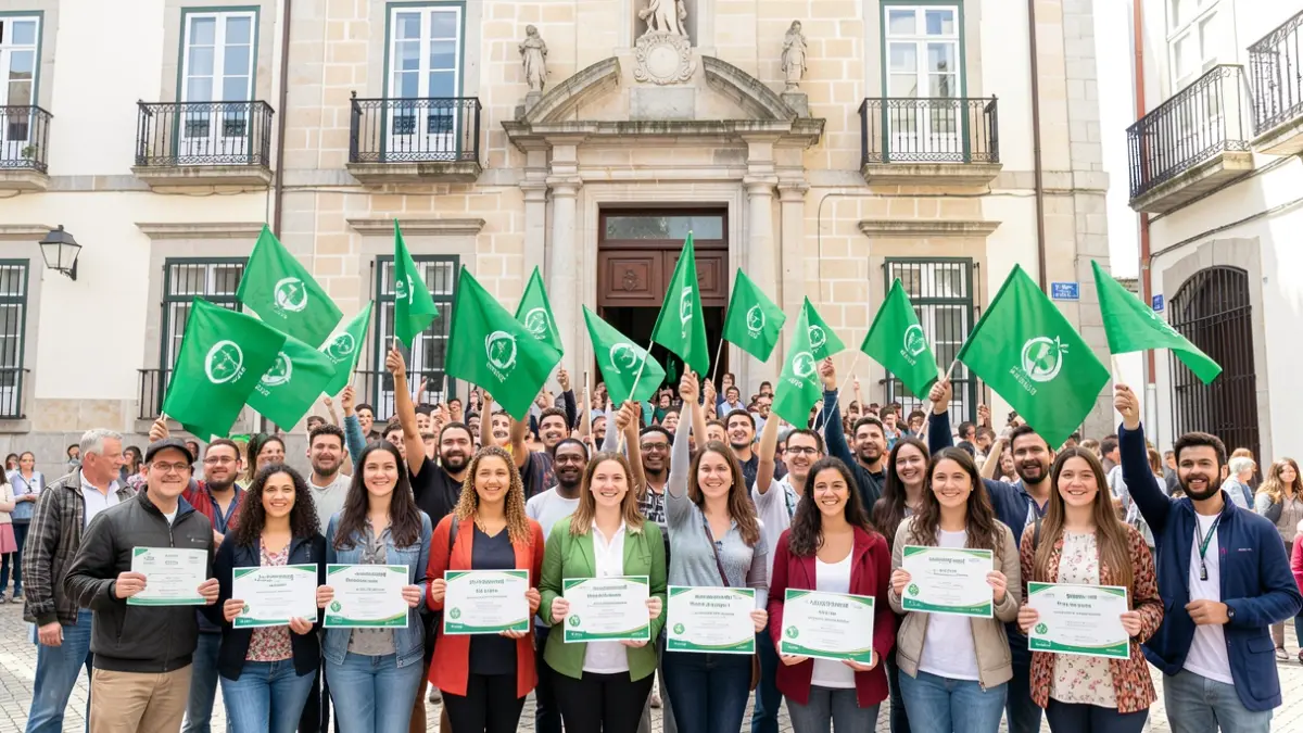 Imagem genérica de alunos e professores a celebrar prémios ambientais em frente a um edifício municipal.