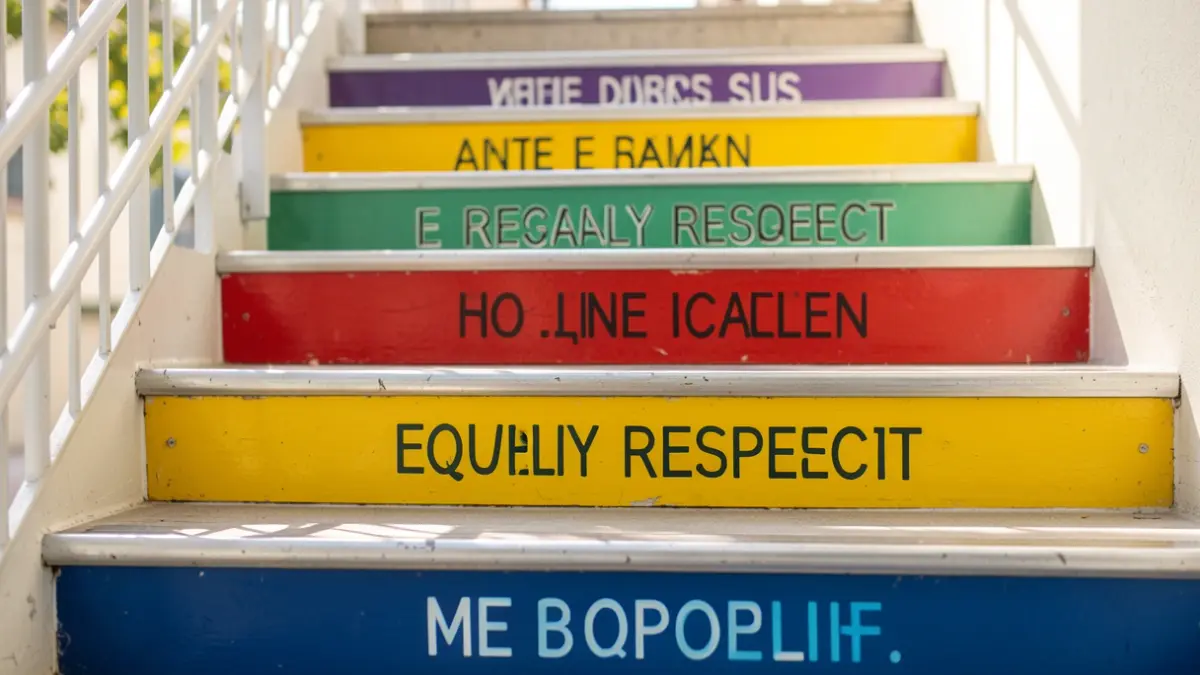 Generic image of painted staircase steps with inspiring phrases about equality and respect.