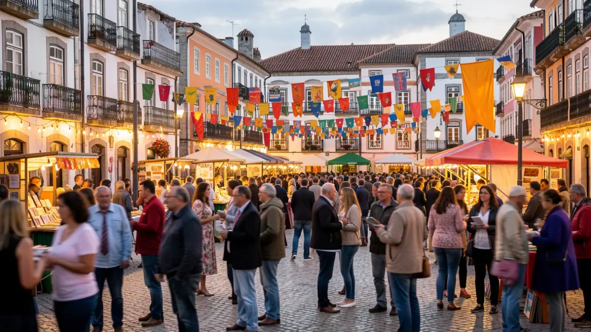 Generic image of a Portuguese square during a literary festival, with warm lights and blurred people.
