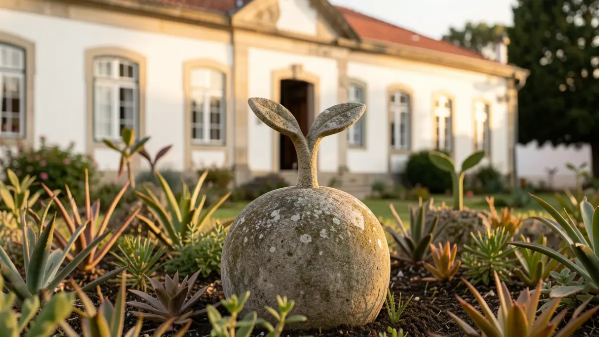 Sculpture "The Seed" in front of a Portuguese school, symbolizing growth and history.