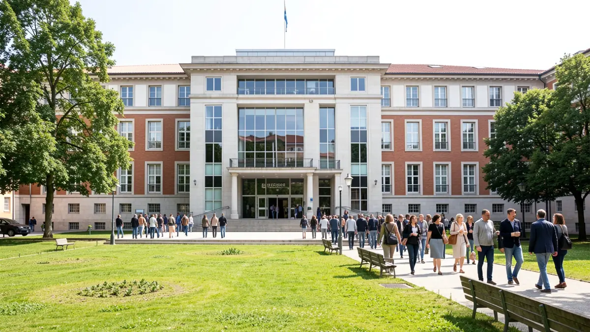 Fachada de una institución de educación superior en Portugal, con elementos arquitectónicos modernos y tradicionales.