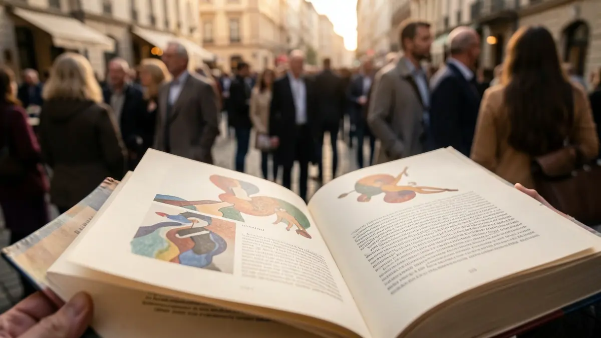 Imagen genérica de un libro abierto con ilustraciones abstractas y texto, iluminado por luz suave.
