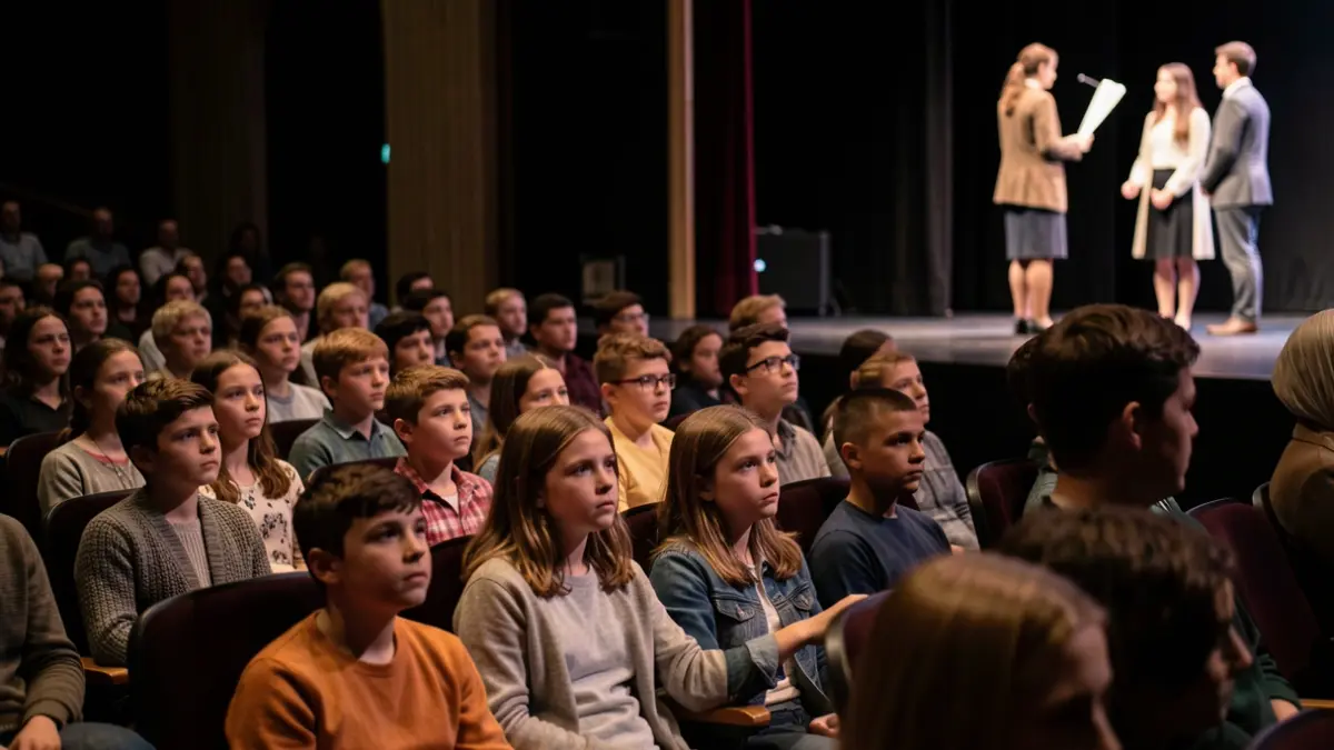 Imagem genérica de jovens estudantes num teatro a assistir a uma peça. Sem nomes próprios ou detalhes específicos do evento.