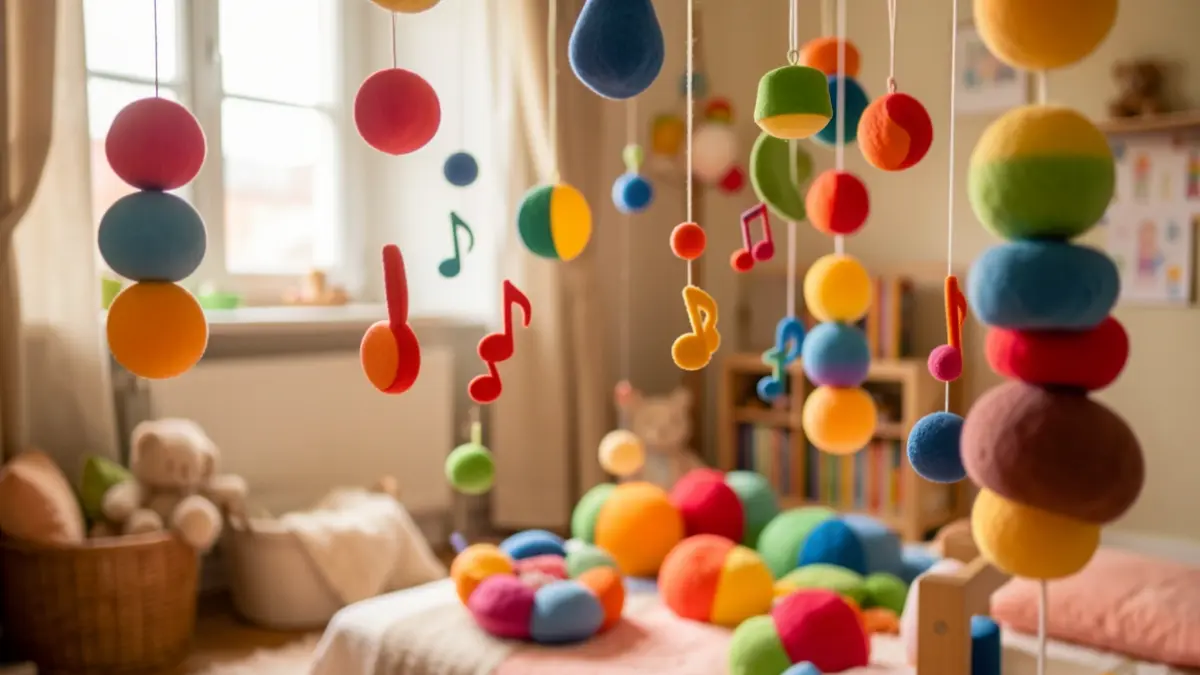 Imagem genérica de uma experiência sensorial colorida e musical para bebés, com formas abstratas e luzes suaves.