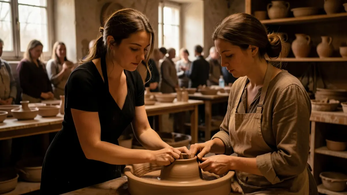 Image of two women in a pottery studio, one teaching the other to work with clay, in a poetic and collaborative atmosphere.