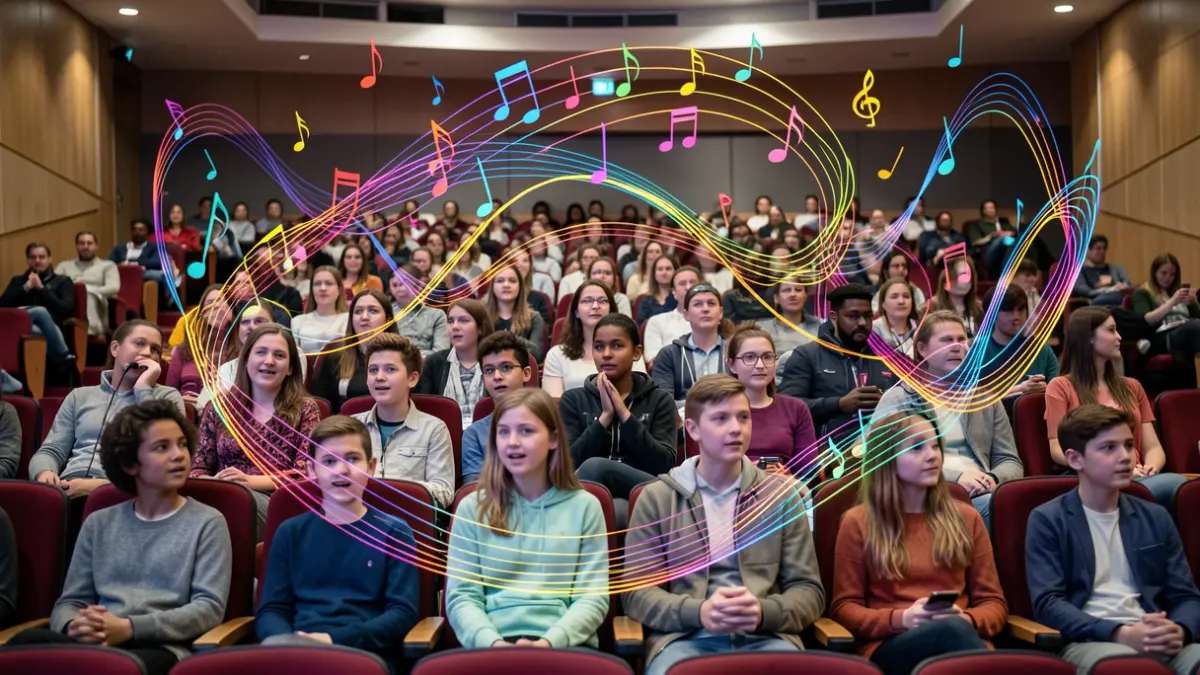 Generic image of young students in an auditorium watching a musical performance with abstract notes representing jazz, rap, and hip-hop.
