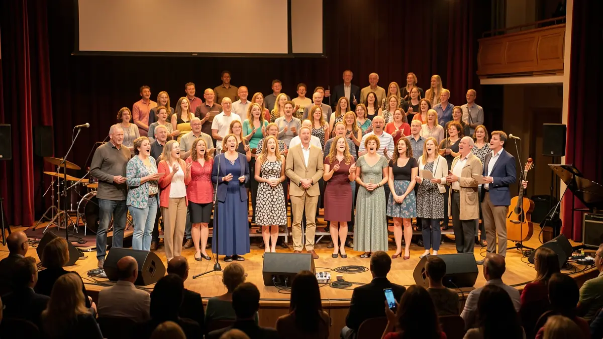 Imagem genérica de um grupo diverso de pessoas a cantar juntas num palco, com instrumentos musicais visíveis e uma atmosfera de celebração.