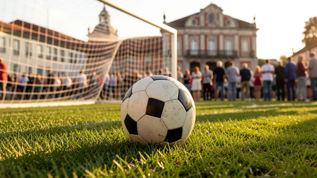 Imagem genérica de uma bola de futebol num relvado ao pôr do sol, com a rede da baliza desfocada ao fundo.