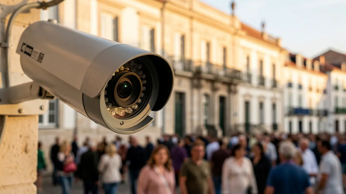 Imagem genérica de uma lente de câmara de videovigilância com o edifício da Câmara Municipal de Espinho desfocado ao fundo.