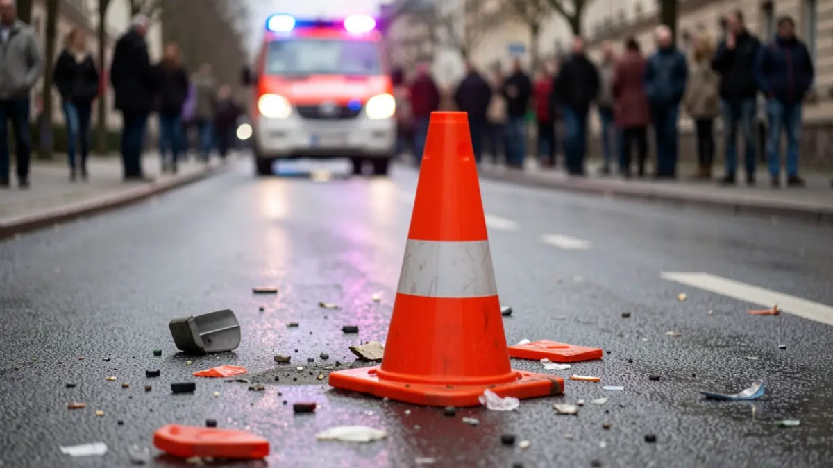 Imagen genérica de un cono de tráfico y escombros en una carretera mojada, con luces de emergencia borrosas al fondo.