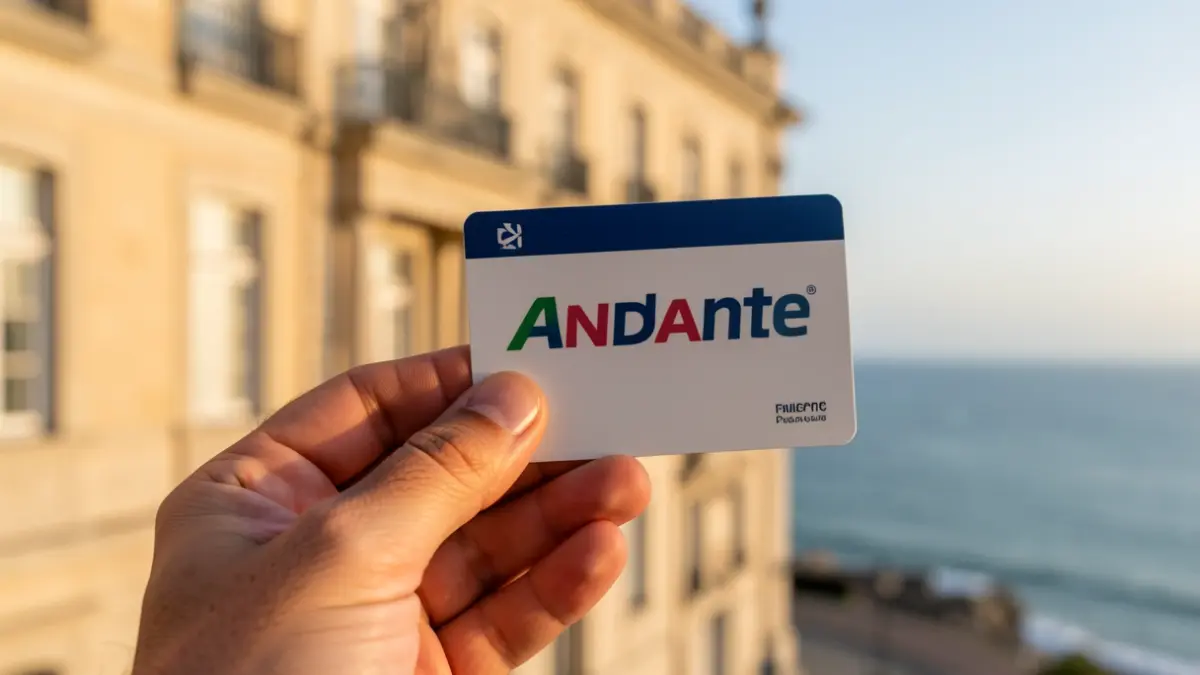 Generic image of a hand holding a public transport card with the 'Andante' logo, with a blurred municipal building in the background.