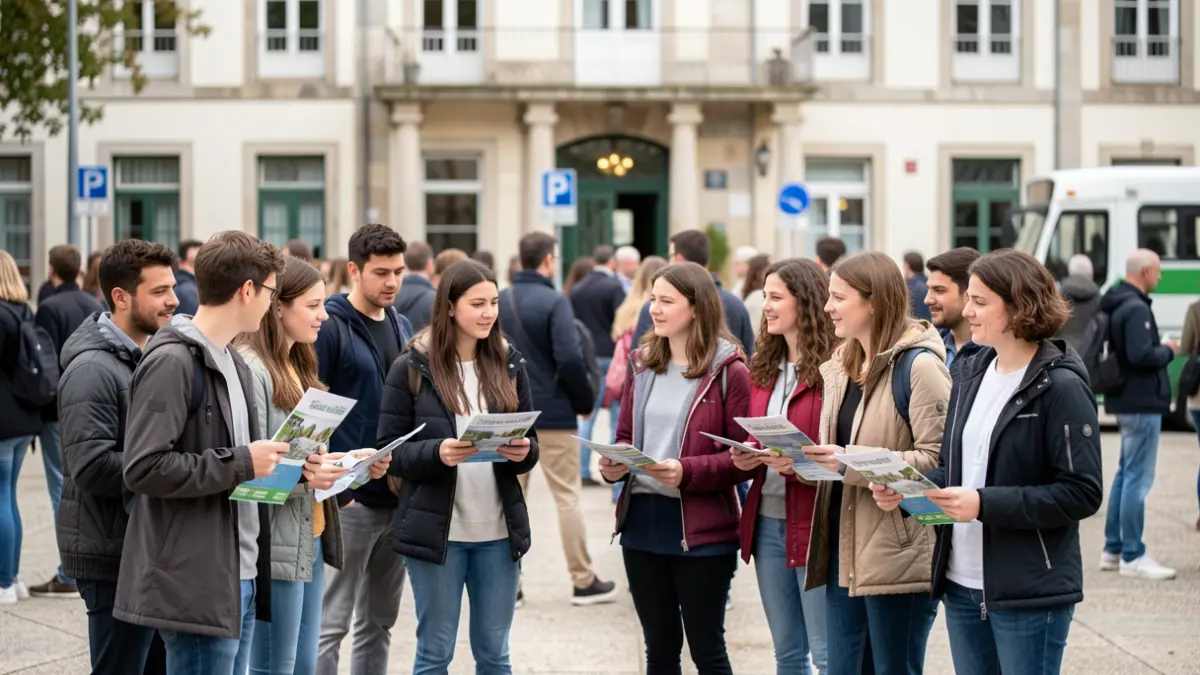 Generic image of students in a school learning about sustainable mobility, with Portuguese architectural elements.