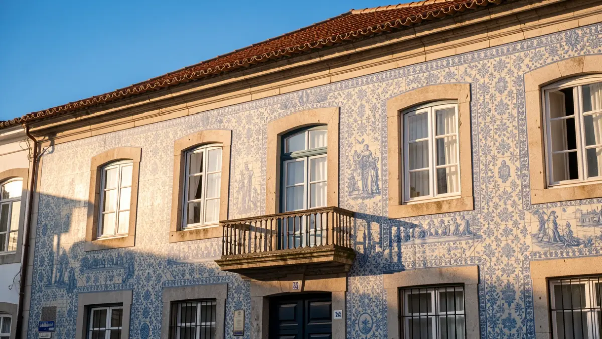 Imagen genérica de un Ayuntamiento portugués con azulejos tradicionales y balcón, bajo la luz solar de la tarde.