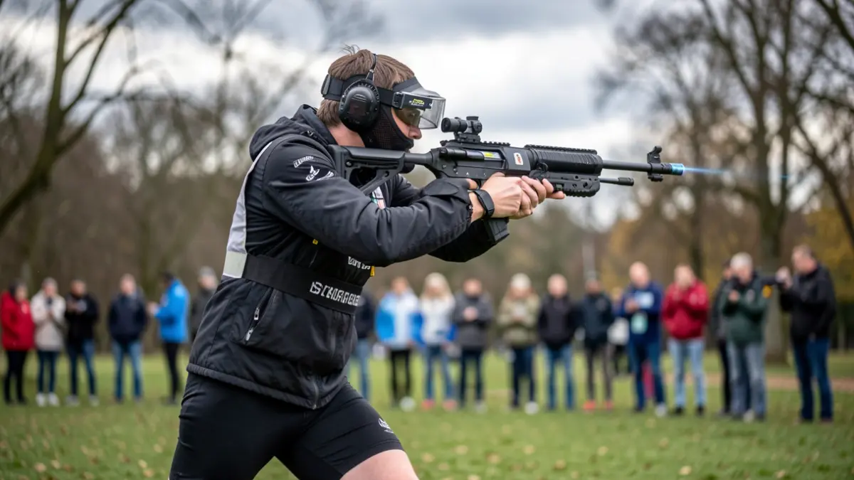 Imagen genérica de atletas compitiendo en una prueba de laser run, combinando tiro de precisión con carrera, en un parque con cielo nublado.
