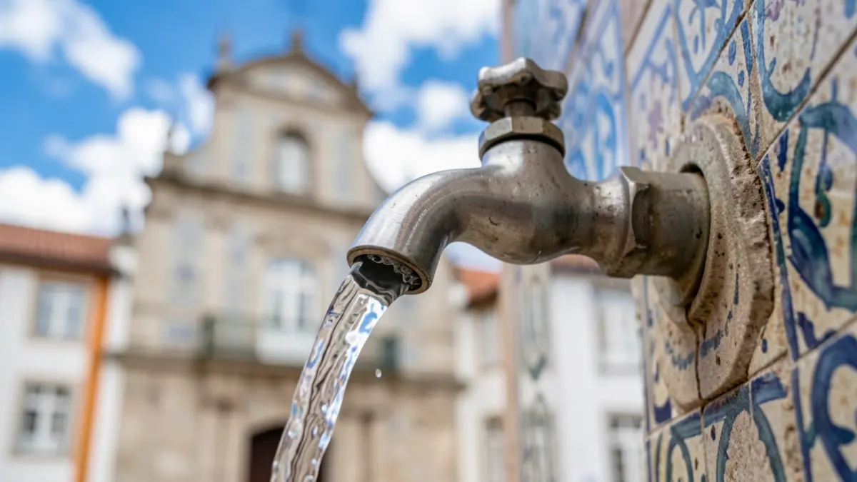 Imagem genérica de uma torneira com água a correr, com o reflexo do céu e uma fachada de edifício português ao fundo.