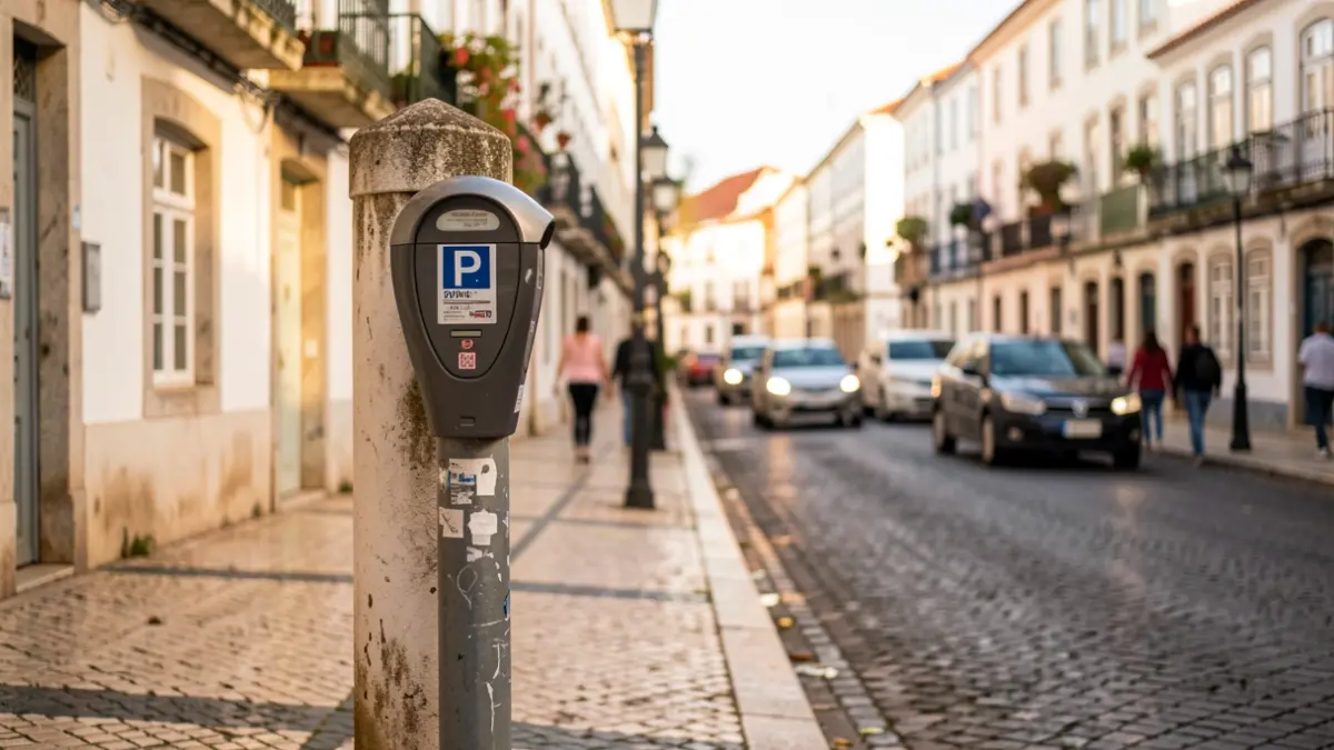 Imagem genérica de um parquímetro numa rua de Portugal, com tráfego e edifícios tradicionais ao fundo.