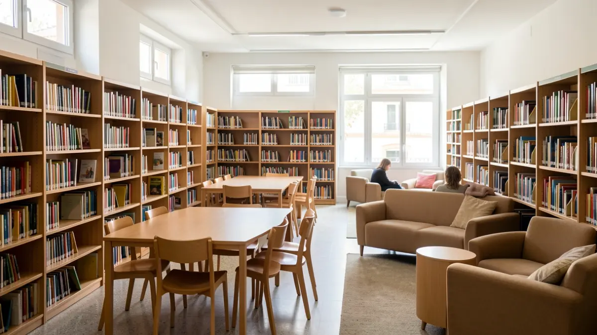 Generic image of a modern school library in Portugal, with bookshelves and reading areas.