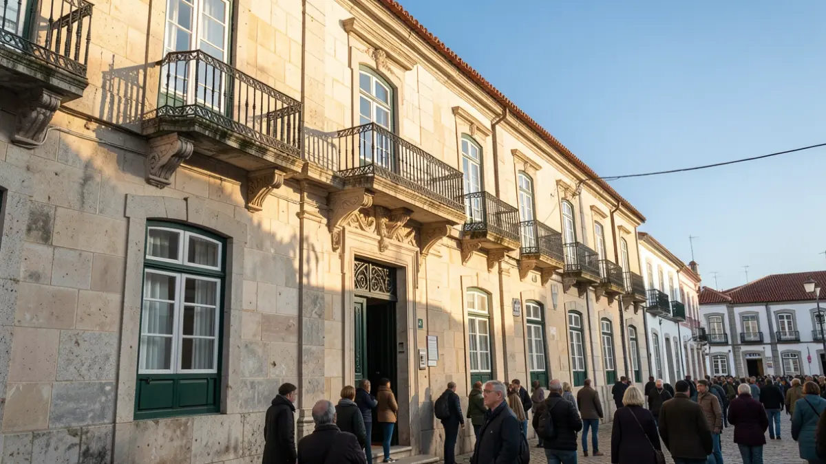 Generic image of a Portuguese municipal building facade with an ornate balcony, under late afternoon sunlight.