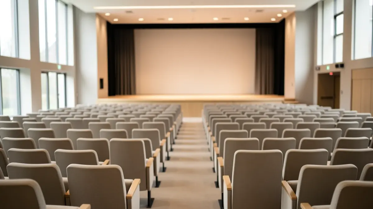 Imagem genérica de um auditório municipal com cadeiras vazias e palco.