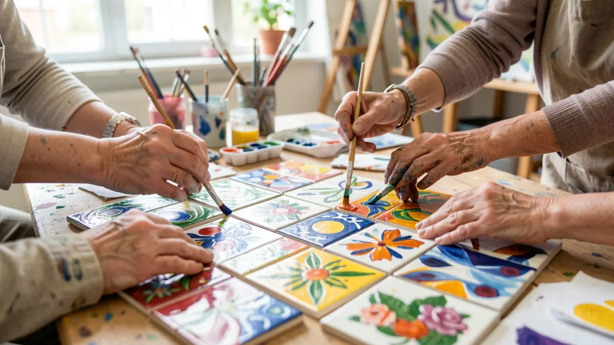 Imagen genérica de azulejos coloridos siendo pintados por manos diversas, con materiales de arte en una sala luminosa.