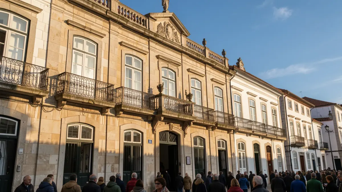 Generic image of a municipal building facade in Portugal, with traditional architectural details and sunlight.