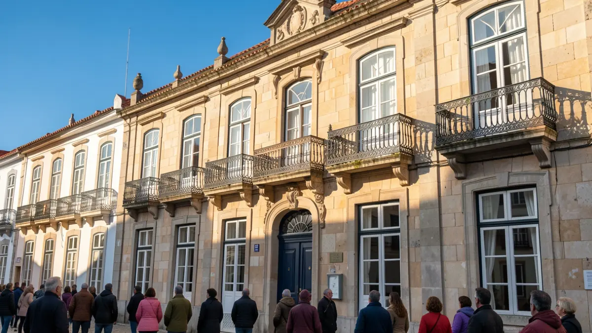 Fachada de um edifício municipal português com varandas ornamentadas e grades de ferro, luz solar quente da tarde a projetar sombras nas paredes de arenito, céu azul.