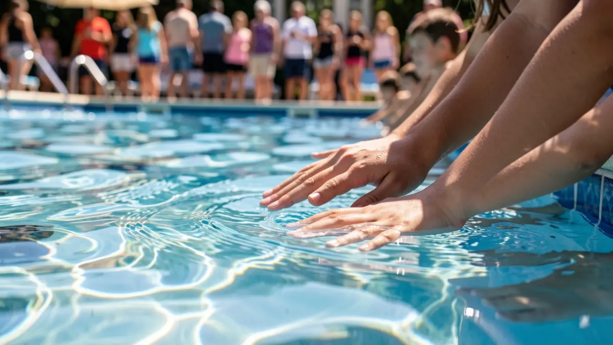 Imagen genérica de manos de niños alcanzando la superficie de agua azul clara en una piscina, con la luz del sol salpicando la superficie del agua. Enfoque en las manos y el agua, con un fondo desenfocado de un entorno de piscina.