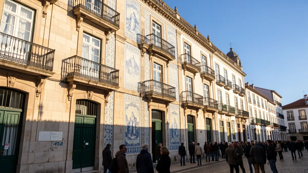 Fachada de uma Câmara Municipal portuguesa com varandas ornamentadas e grades de ferro, luz solar quente da tarde a projetar sombras nas paredes de arenito, céu azul.