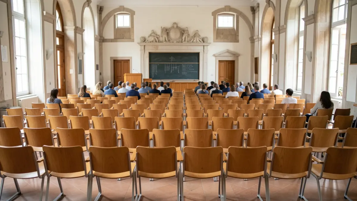 Imagem genérica de uma sala de aula universitária com assentos vazios e um pódio, em estilo arquitetónico português.