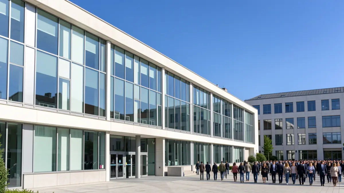 Imagem genérica de uma fachada de edifício universitário moderno com grandes janelas, sob um céu azul claro.
