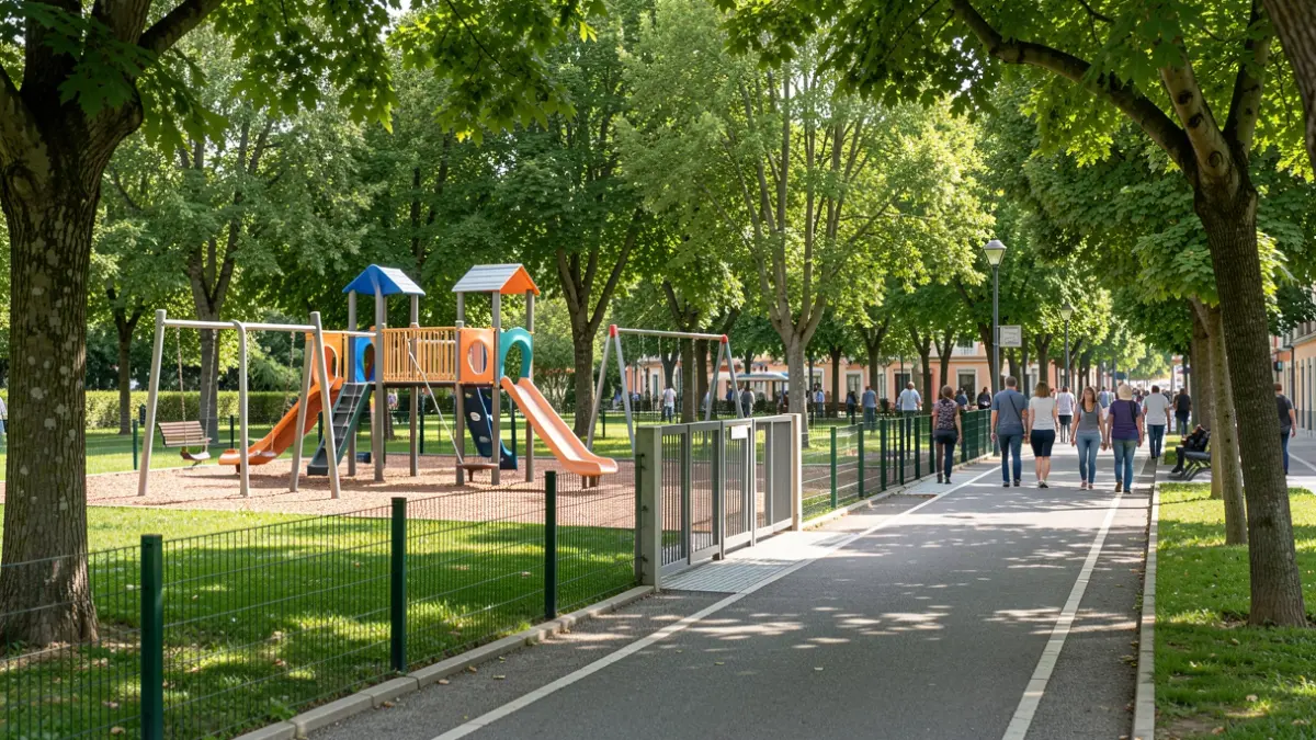 Generic image of a Portuguese urban park with renovated paths and new children's playground equipment.