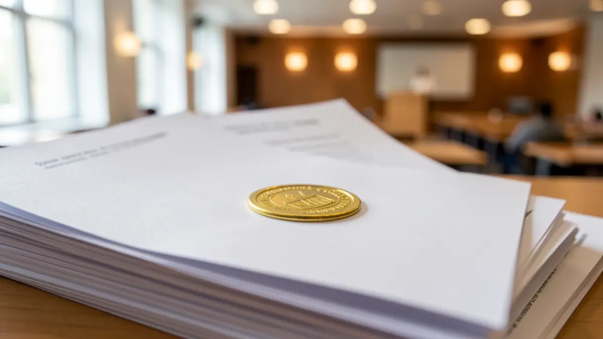Generic image of a university certificate with a golden seal on academic papers, with a blurred lecture hall background.