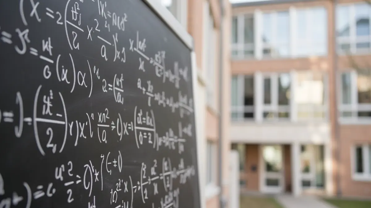 Imagem genérica de símbolos matemáticos e equações numa lousa, com o fundo desfocado de uma fachada de edifício universitário moderno.