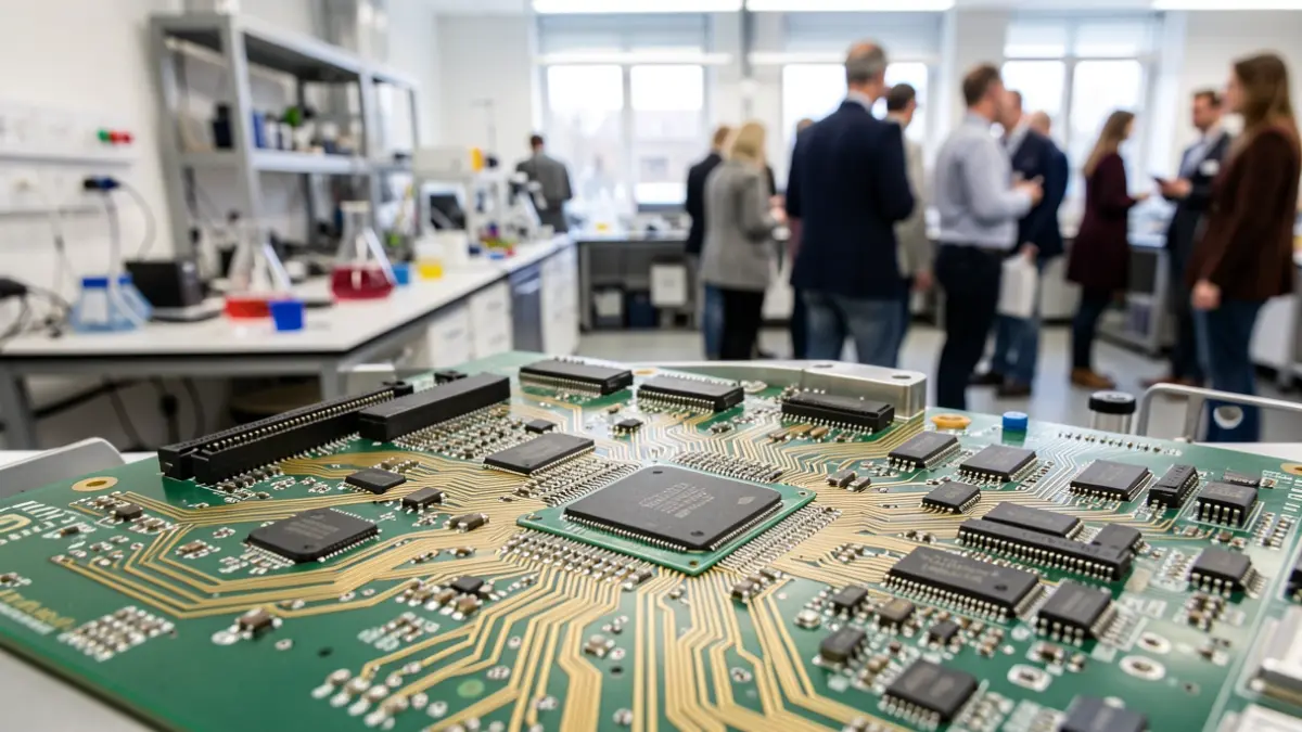Imagem de um circuito eletrónico complexo num laboratório universitário.
