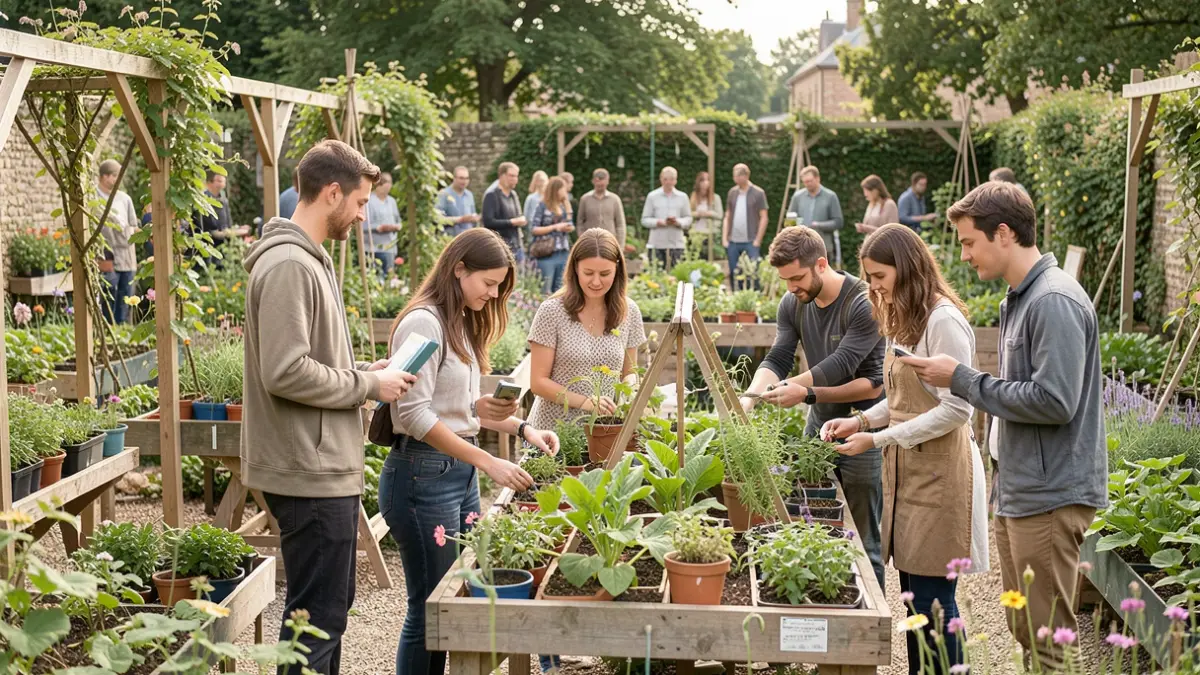 Estudiantes universitarios visitando un proyecto de jardinería comunitaria en Lisboa, aprendiendo sobre colaboración y sostenibilidad.