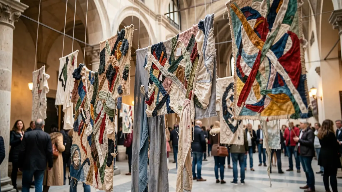 Imagem genérica de peças de arte têxtil feitas a partir de resíduos da indústria do vestuário, apresentadas como tapeçarias suspensas e vestuário fluido.