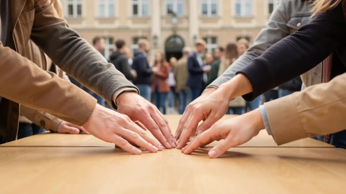 Generic image of young adult hands reaching towards a central point on a table, with a blurred university facade in the background.