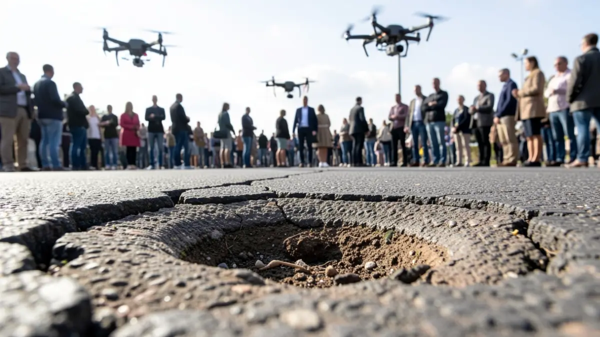 Generic image of a road with cracks and blurred drones in the background.