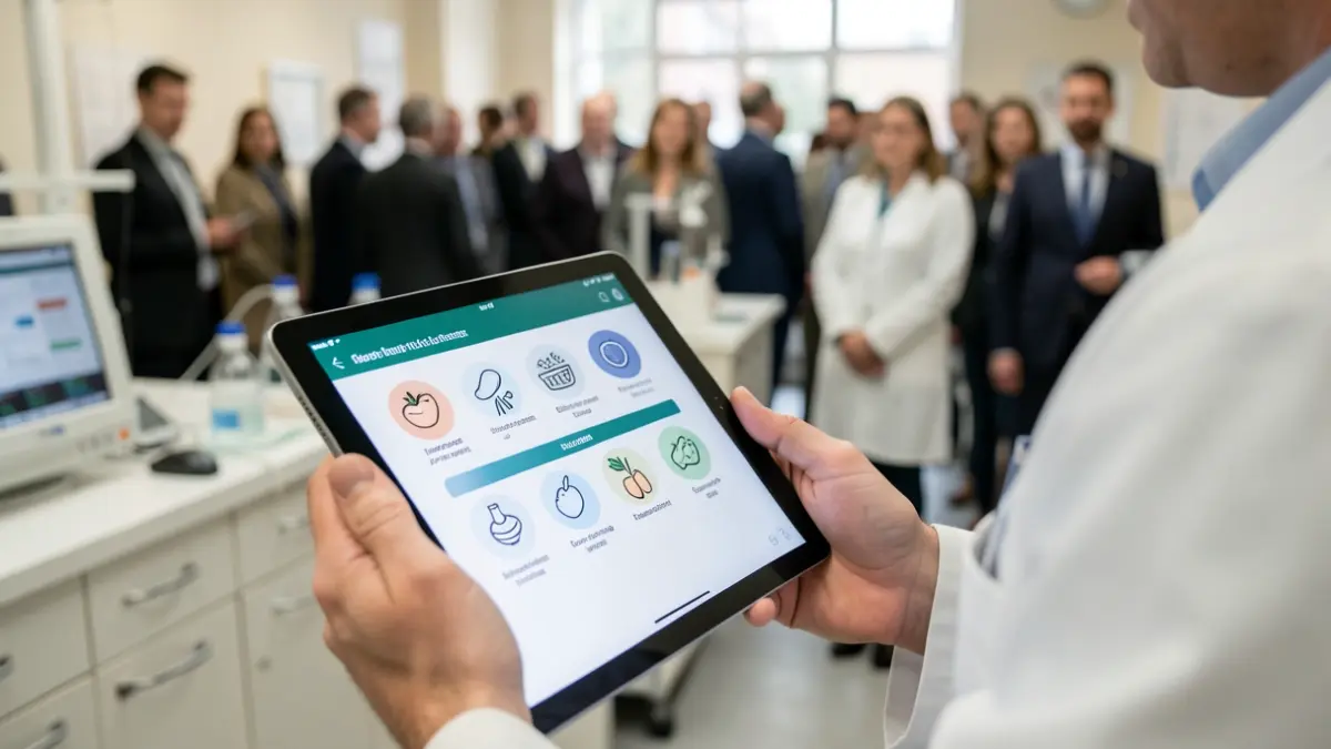 Imagen genérica de un profesional de la salud analizando un cuestionario en una tablet con símbolos nutricionales.