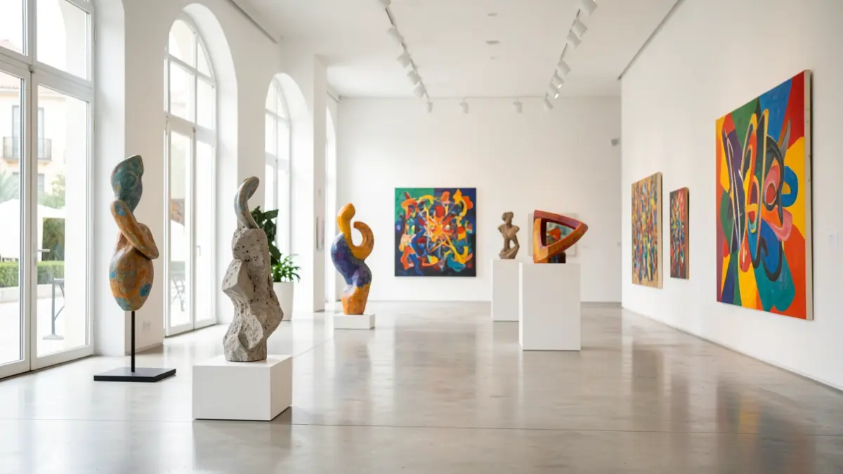 Exposición de arte contemporáneo en Chaves con esculturas y pinturas vibrantes.