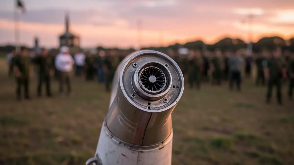 Generic image of a rocket engine nozzle in close-up, with metallic details, in a military field setting at dusk.