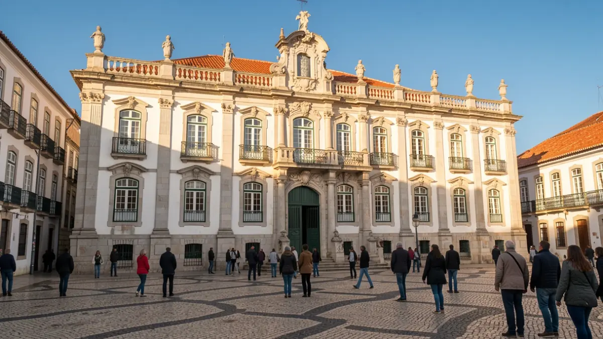Facade of the Évora City Hall with ornate architecture under afternoon sunlight.