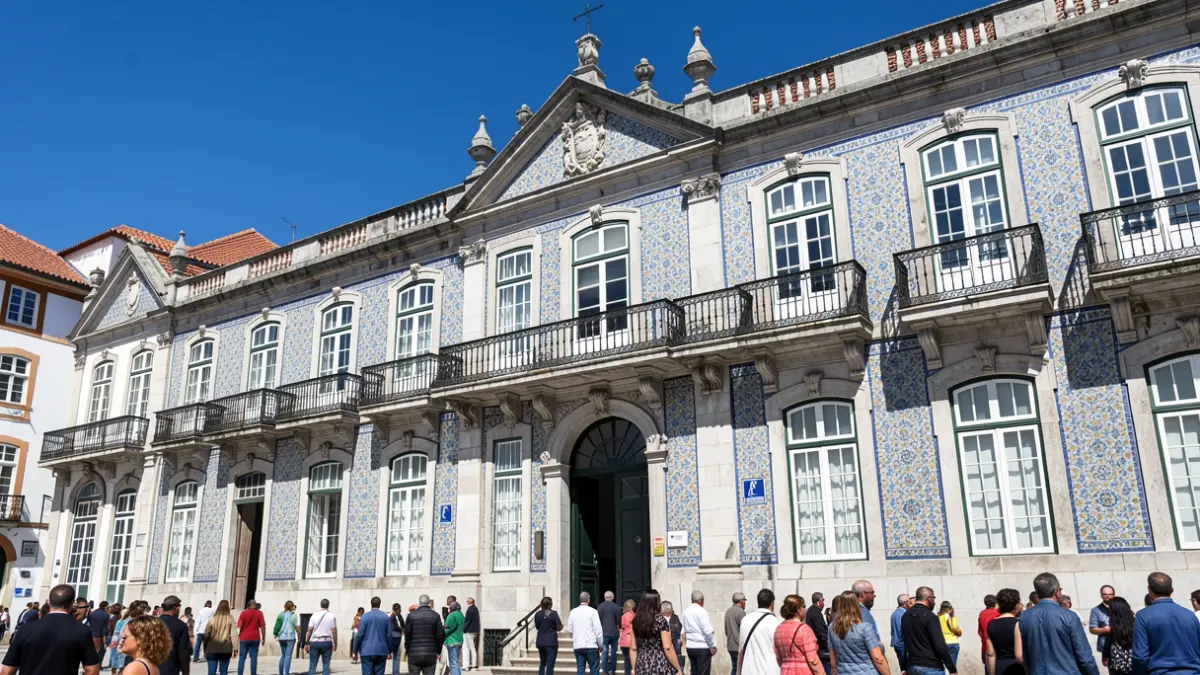 Fachada do edifício dos Paços do Concelho de Azambuja com varandas ornamentadas e azulejos tradicionais portugueses.