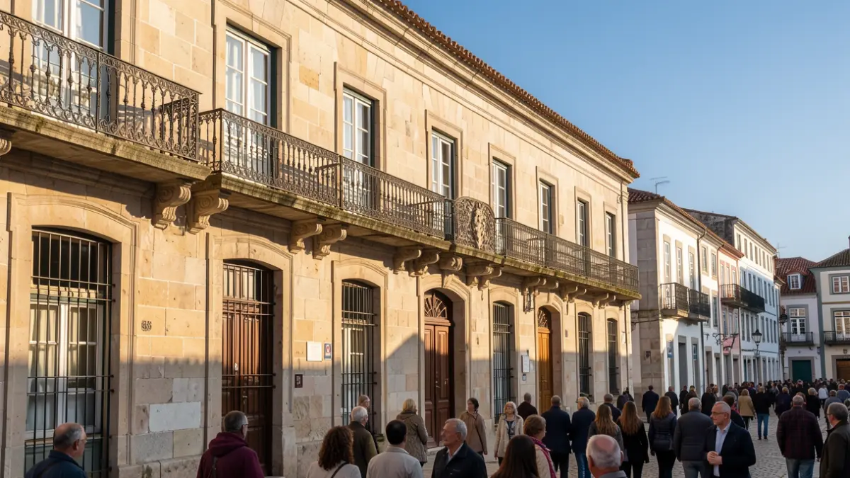 Generic image of a Portuguese municipal building facade with an ornate balcony, under late afternoon sunlight.