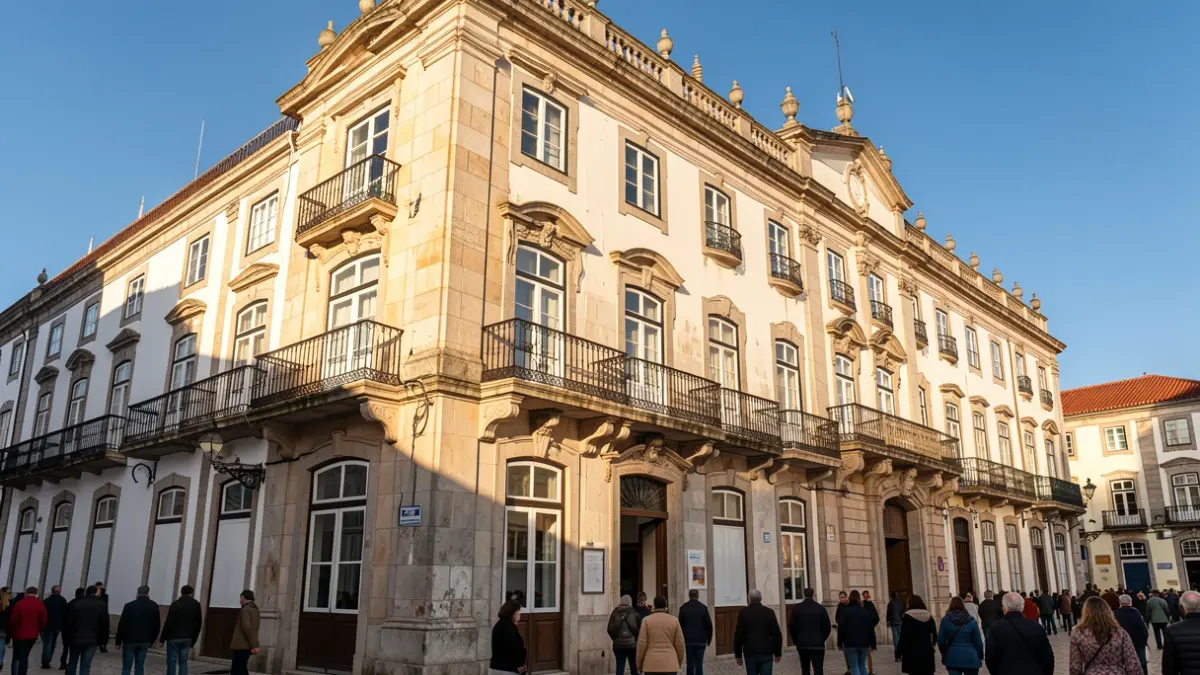 Imagen genérica de la fachada de un edificio municipal en Portugal al atardecer.