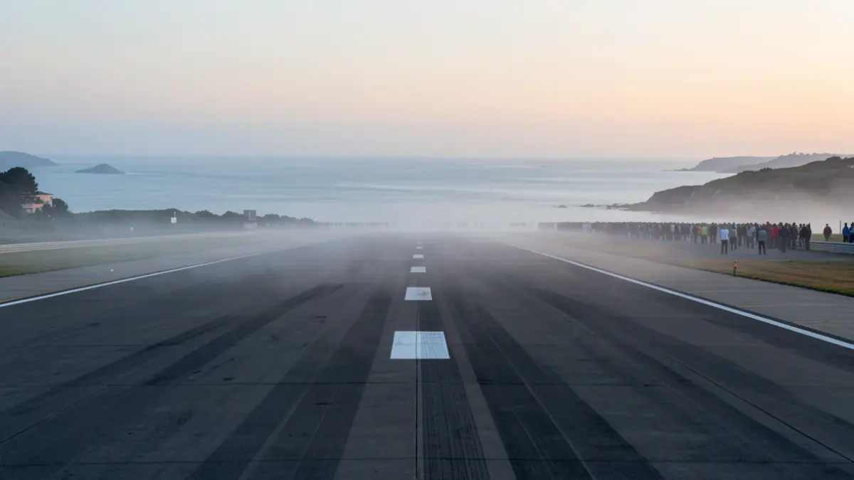 Imagem genérica de uma pista de aeródromo vazia ao amanhecer, com nevoeiro a aproximar-se do mar, transmitindo uma sensação de prontidão.